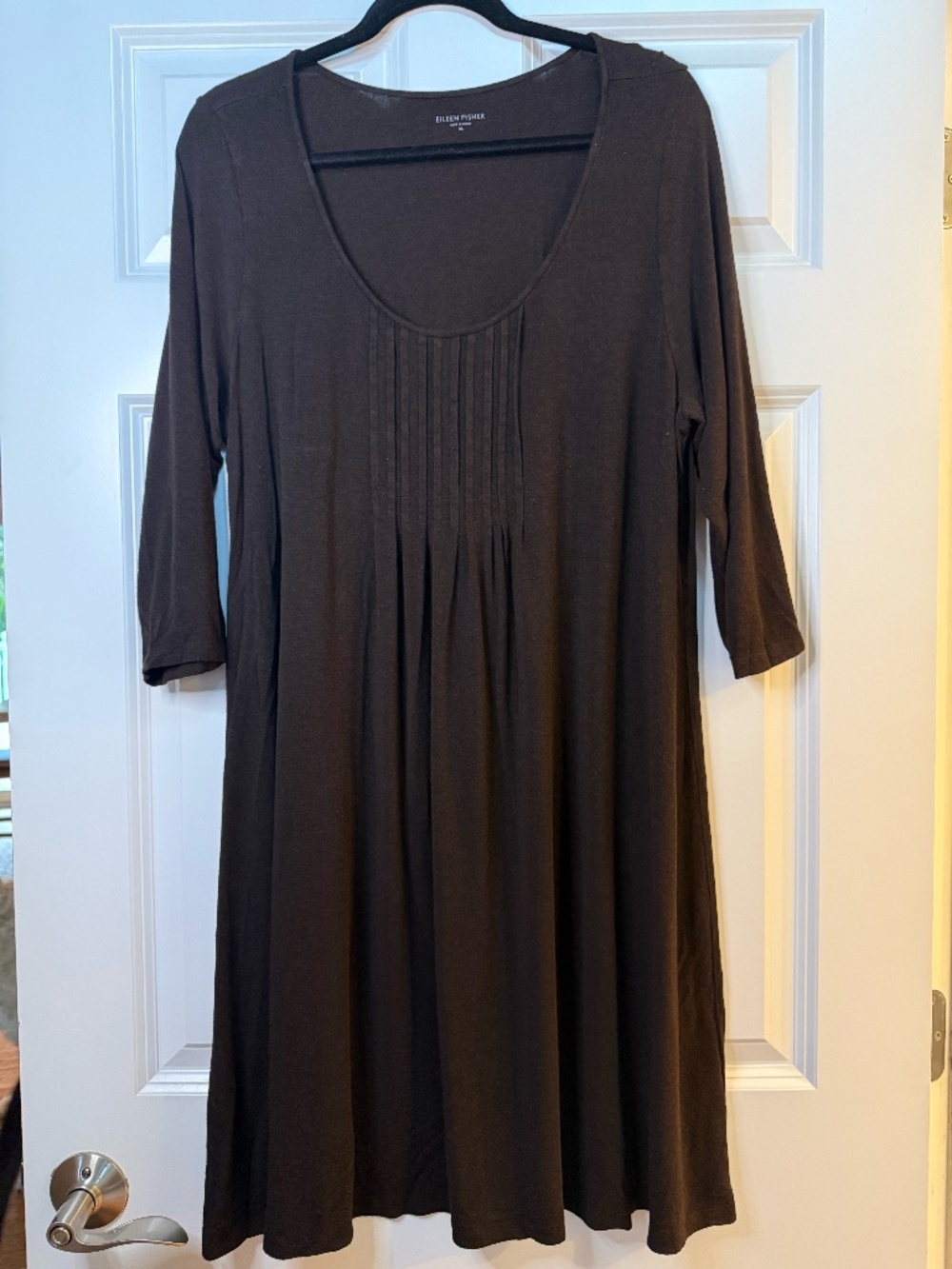 Eileen Fisher Dark Brown Shift Dress with scoop Neckline 3/4 Sleeves Size XL